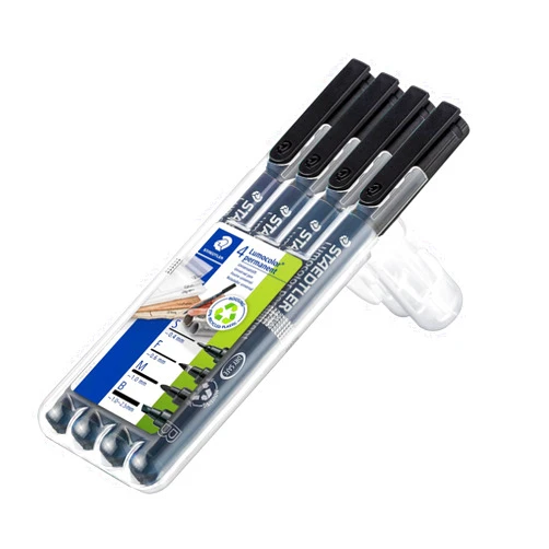 STAEDTLER 31-9WP4GS Lumocolor Pack of 4 Permanent Pens Markers with Assorted Tips, Black