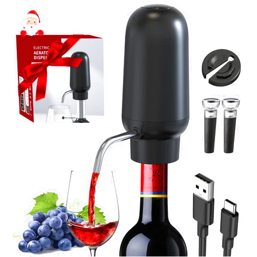 DERGUAM Electric Wine Pourer, DERGUAM Rechargeable Wine Aerator with 2 Wine Stoppers, Portable One-Button Automatic Wine Aerator with Wine Foil Cutter, Wine Aerator Pourer Wine Decanter for Christmas Gifts