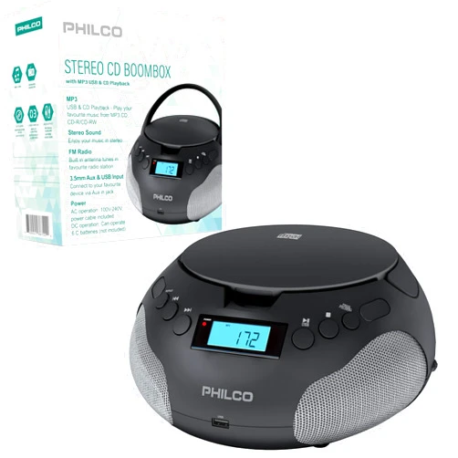 Philco Portable CD Player Boombox, FM Radio CD Players for Home, Compatible with MP3/WMA/CD-R/CD-RW 3.5mm Aux Input |USB Port | Stereo Sound |AC/Battery Powered |LED Display