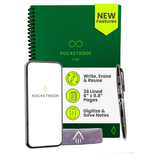 Rocketbook Core Reusable Smart Notebook, Lined Pages For School, Work and Creative Projects, Executive Size 6x8.8, Green - Premium
