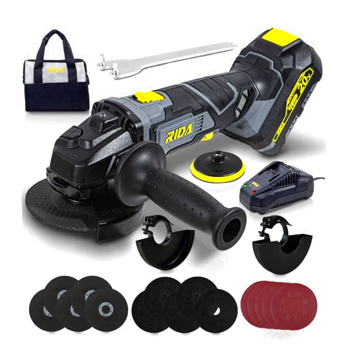 RIDA Cordless Angle Grinder Kit 20V 4-1/2 Inch Electric Grinder 4.0Ah Battery & Fast Charger, Adjustable Handle Grinder for Cutting and Grinding Stone and Metal with 22Pcs Accessories