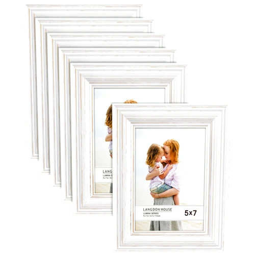 Langdon House 5x7 Real Wood Picture Frames (6 Pack, Weathered White - Gold Accents), White Wooden Photo Frame 5 x 7, Wall Mount or Table Top, Lumina Collection