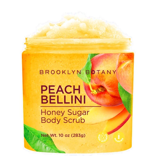 Brooklyn Botany Peach Bellini Honey Sugar Scrub for Body 10 oz – Deeply Hydrating and Gently Exfoliating Body Scrub for Women and Men – Moisturizing and Nourishing the Skin
