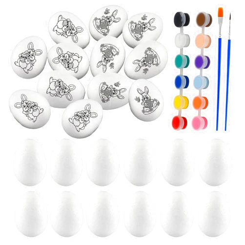 YOSINXU 2.36 Inch Easter Foam Eggs for Crafts, 24pc White Small Styrofoam Eggs White DIY Painting Solid for Easter, with 12-Color Tempera Paint & Brush DIY Arts & Crafts