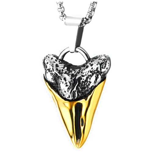 COOLSTEELANDBEYOND Men's Shark Tooth Amulet Pendant Necklace, Silver Gold Two-tone Stainless Steel, 30 in Chain