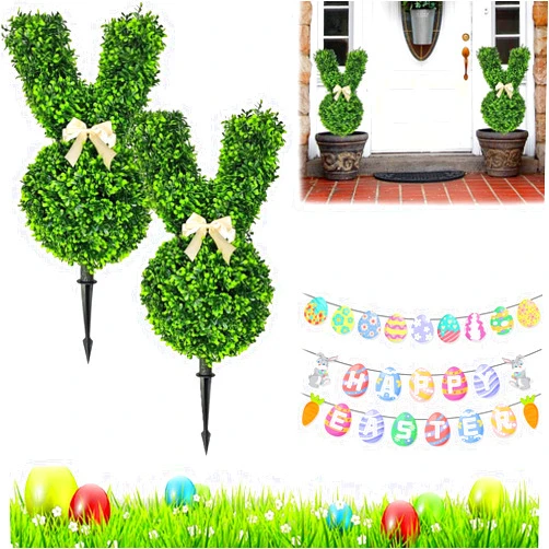 Linnavarv Easter Bunny Topiary Outdoor, Topiary Bunnies, Topiary Trees Artificial Outdoor, Bunny Topiary Outdoor Set of 2, Topiary Bunnies for Porch, 17.7 Inch Uv-Resistant-Indoor Outdoor Porch Decor (2Pcs)