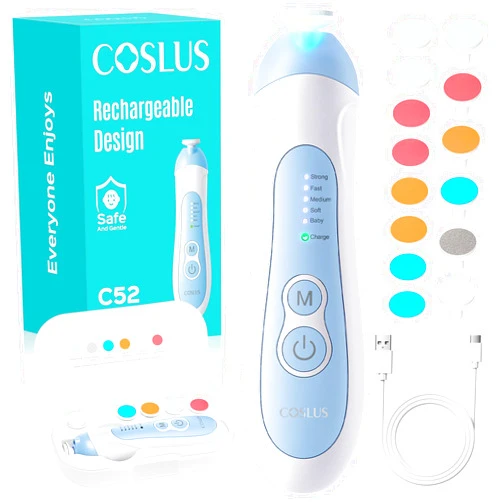 COSLUS C52 Rechargeable Baby Nail File: Cordless Baby Nail Trimmer Electric, Baby Nail Clipper with 5 Speeds & 6 Grinding Heads for Baby Kid, CPC Certified & Quiet Design - Safe for Sleep Trim, Blue
