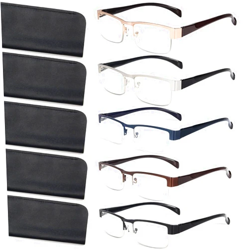 BLS BLUES Reading Glasses for Men Blue Light Blocking, Metal Readers Anti Eye Strain/Migraine Computer Eyeglasses 5 Pack