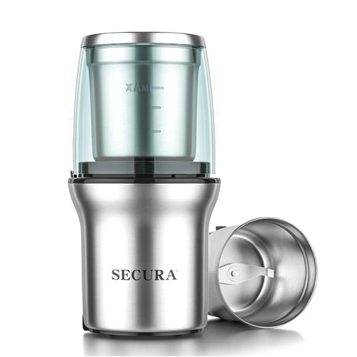 Secura Electric Coffee Grinder and Spice Grinder with 1 Stainless Steel Blades Removable Bowls, Dry Grinding