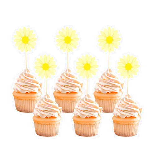 Hengmerry 24 Pieces Daisy Cupcake Toppers, Daisy Flower Cake Picks Chrysanthemum Party Decorations for Spring Birthday Wedding Supplies(Yellow)