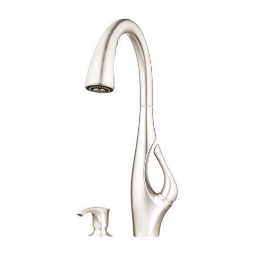 Pfister Indira Kitchen Faucet with Pull Down Sprayer and Soap Dispenser, Single Handle, High Arc, Spot Defense Stainless Steel Finish, F5297NDGS