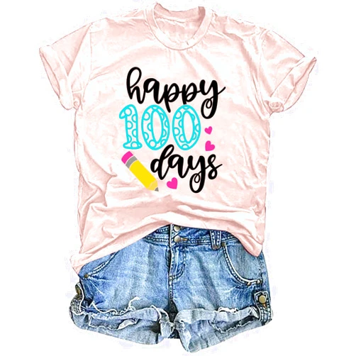 LHBNK Teacher Shirts Women Happy 100 Days of School T-Shirt Teach Print Graphic Tshirt Teacher Gifts Tops Tee