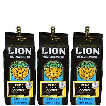 Lion Coffee, Swiss Water DECAF, Toasted Coconut, Ground, 10 Ounce Bag (Pack of Three) Toasted Coconut 3 x 10 Ounce Bags