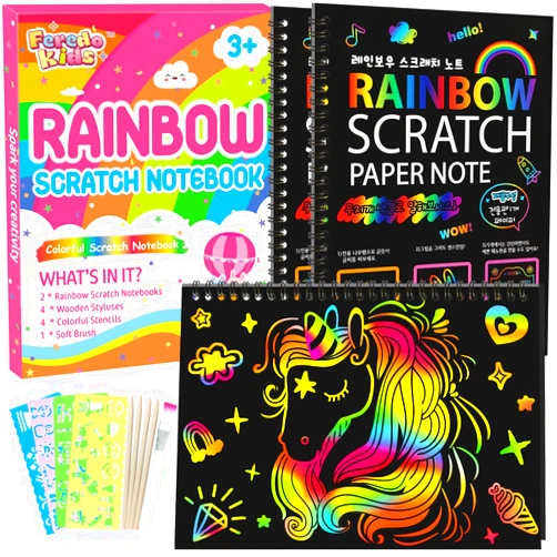 FEREDO KIDS Rainbow Scratch Notebook Paper - Black Scratch Off Art Crafts Supplies Coloring Kit Toy for Kids Ages 3-9 Girls Boys DIY Children's Birthday Christmas Mother's Day Children's Day Gift 2 Pack