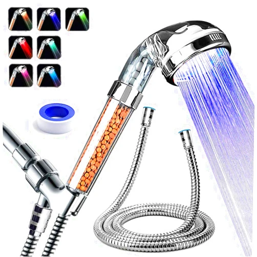 PRUGNA LED Shower Head with Hose and Shower Arm Bracket, High-Pressure Filter Handheld Shower for Repair Dry Skin and Hair Loss - 7 Colors Change Cyclically