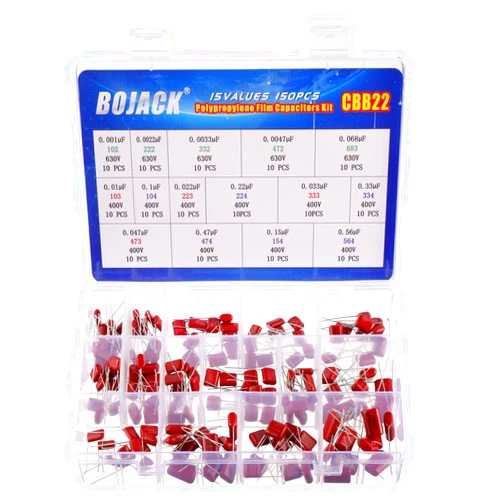 BOJACK 15 Values 150 Pcs Metallized Polypropylene Film DC Capacitor 400V/0.01uF ~ 0.56uF 630V/ 0.001uF ~ 0.068uF Assortment Kit