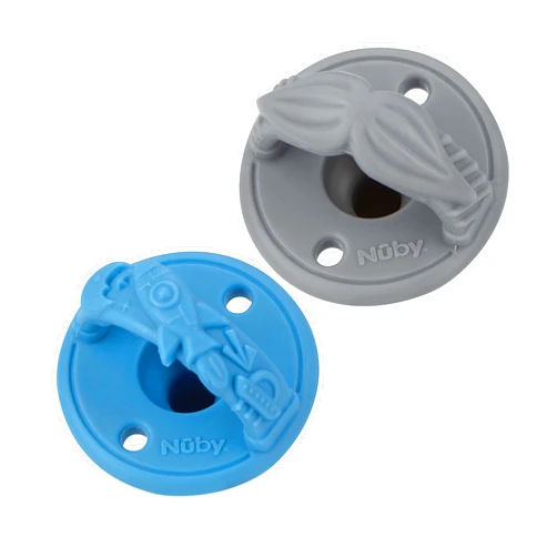 Nuby 3-D Sili Soother Pacifiers with Soft Handle and Two Safety Air Holes, 2 Pack, 0+ Months, Blue Spaceship and Gray Mustache