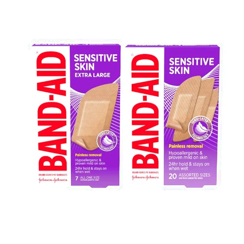 Band-Aid Brand Adhesive Bandages for Sensitive Skin, Hypoallergenic Sterile First-Aid Bandages Suitable for Eczema-Prone Skin, 20 CT Box of Assorted Sizes + 7 CT Box of Extra Large Size