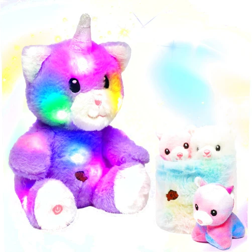 Hopearl LED Plush Cat with Removable Bucket Lighting Up Stuffed Mommy Cat with 3 Baby Kittens in The Basket Floppy Stuffed Animal Playset Night Lights Glow in The Dark Birthday Gifts for Kids, 12''
