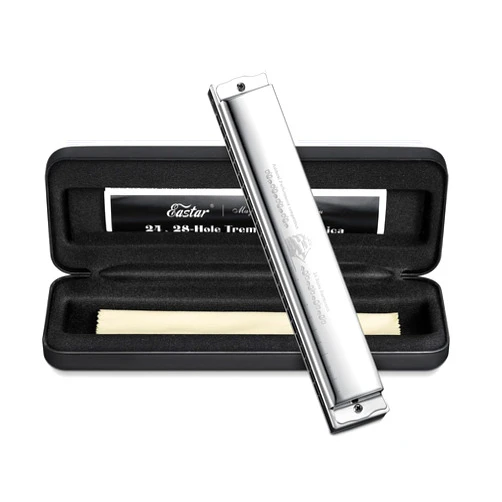 Eastar Admiral 24 Holes Harmonica, Key of C Tremolo Harmonica for Beginners Adults Kids, Performance Competition Mouth Organ with Hard Case and Cloth, Silver