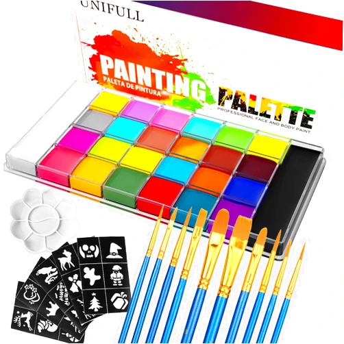 AOLIKOKO 26 Colors Face & Body Paint Palette Kit，Halloween Makeup Kit, face painting kit professional，with 10 Brushes+30 pcs Stickers，Ideal for Halloween Cosplay Party SFX Arty Stage Makeup(26-Colors)