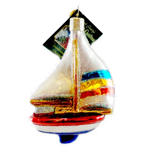 Old World Christmas 46028 Planes, Trains, Helicopters, Boats and Trucks Glass Blown Ornaments for Christmas Tree Sailboat, Blue
