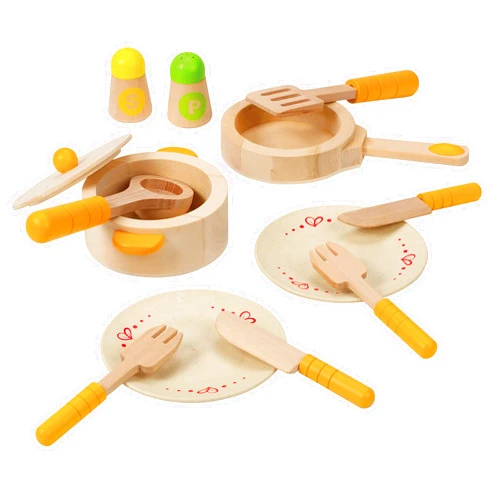 Hape Gourmet Play Kitchen Starter Accessories Wooden Play Set| 13 PCs Pretend Cookware Plates Dishes Play Kitchen Sets for Kids