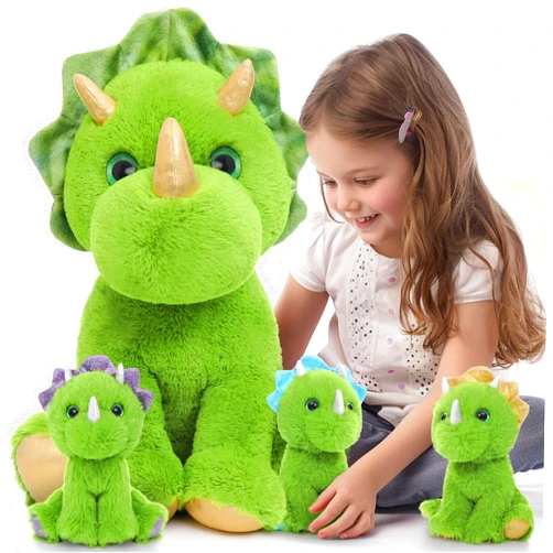 Muiteiur Triceratops Stuffed Animal Giant Dinosaur Stuffed Animal with 3 Little Baby Dinosaurs Green Triceratops Plush Toy Gift for Kids 24.5 inch