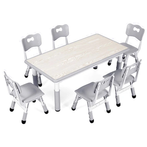 Arlopu Kids Study Table and 6 Chairs Set, Height Adjustable Graffiti Table, Preschool Activity Art Craft Table for 6, Multifunctional Toddler Table, Reading, Drawing, Eating Interaction (Gray)