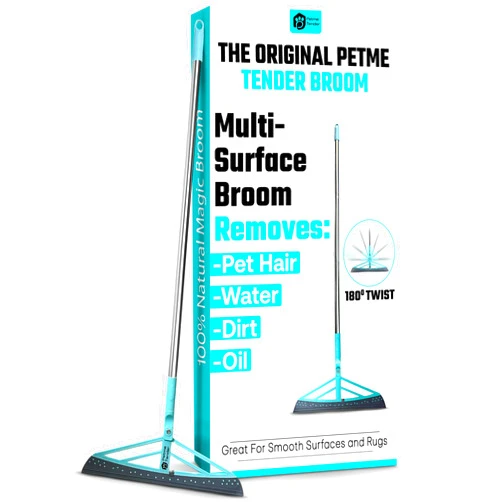 Petme Tender Magic Broom Squeegee Dog Pet Hair Remover, Rotatable, Extendable - Silicone Broom Pet Hair Remover for All-Surfaces Hardwood Floors, Rugs, Tile, Glass, Liquid-Dirt with 50
