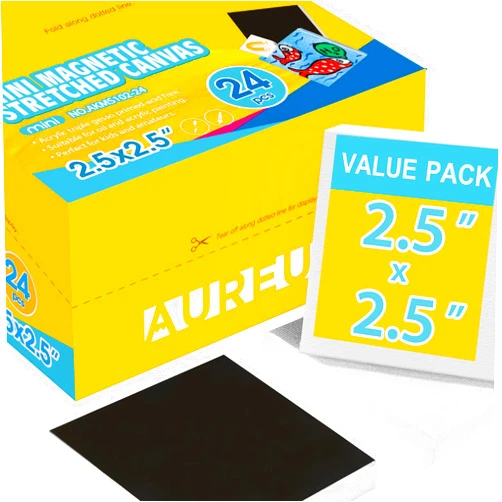AUREUO Mini Magnetic Stretched Canvas 2.5x2.5 Inch / 24 Pack - Small Square Wrapped Canvas Board with Magnet Back, Art Gift Set Tiny Framed Bulk Pack Canvases for Acrylic Painting & Craft