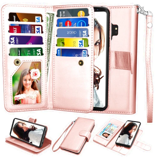 Njjex For Galaxy S9 Case, For Galaxy S9 Wallet Case, PU Leather [9 Card Slots] ID Credit Holder Magnetic Folio Flip Cover [Detachable] [Kickstand] Phone Case & Wrist Lanyard For Samsung S9 [Rose Gold]