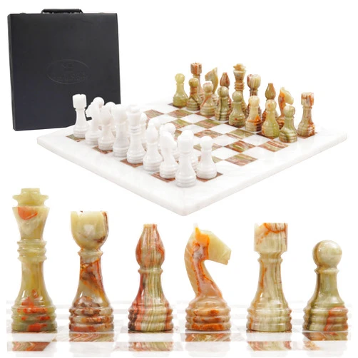 Radicaln Marble Chess Set with Storage Box 15 Inches White and Green Onyx Handmade Board Game 2 Player Classic Chess Sets for Adults- 1 Chess Board & 32 Chess Pieces - Chess Game