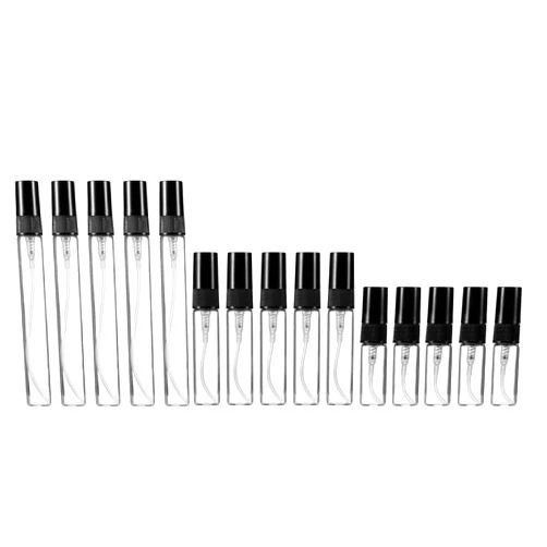 JJKMALL 15PCS Travel Perfume Spray Bottles Set (3ml/5ml/10ml x 5 Each) - Refillable Mini Glass Atomizers for Essential Oils, Leak-Proof Portable Cosmetic Containers