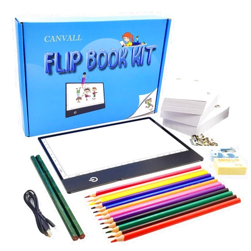 Canvall Flipbook Set for Drawing and Tracing Animation, Include: A5 LED Light Box, 540 Pages Animated Loose-Leaf Paper, 2 HB +12 Colored Drawing Pencils, Pencil Sharpener, Eraser and Screwdriver