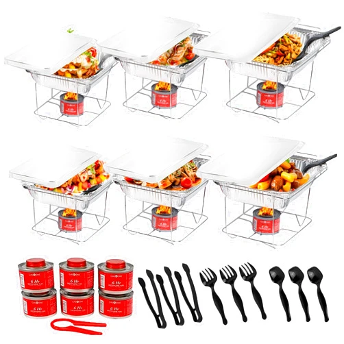 Alpha Living 6 Pack - Disposable Chafing Dish Buffet Set, Welded Body Food Warmers for Parties, 6hr Fuel Cans Complete Set, Half Size Pans, Warming Trays