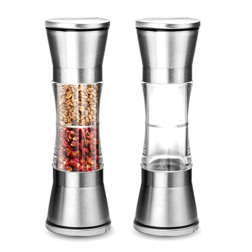 Realand 2Pcs 2 in 1 Salt and Pepper Grinder Set, 304 Stainless Steel Pepper Mill Grinder Sea Salt Grinder Refillable Pepper Grinder Manual with Adjustable Ceramic Rotor