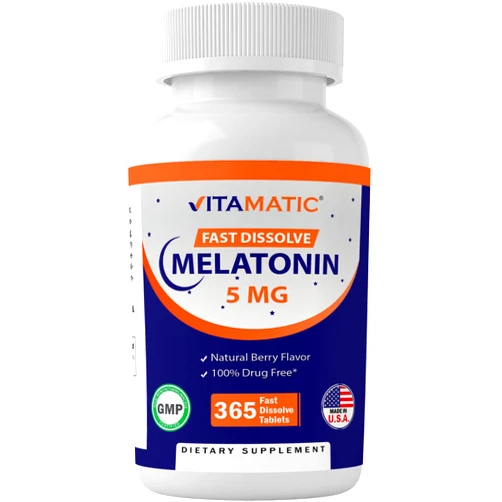 Vitamatic Melatonin 5 mg Tablets | Vegetarian, Non-GMO, Gluten Free | 1 Year Supply | Natural Berry Flavor - 365 Tablets