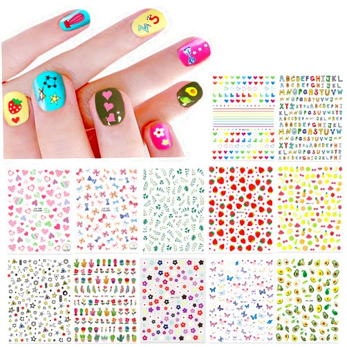 IHUKEIT New 12 Large Sheets of Cute Nail Stickers for Women and Teen Girls Self Adhesive Nail Decals for Nail Art Decoration Including Hearts Stars Letters Bowknot Leaves Flowers Plants Fruits Butterflies