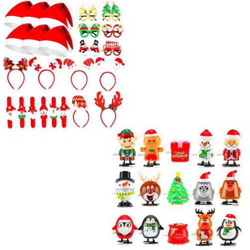 HIKUIBU 39 PCS Christmas Party Favors, Wind Up Toys with Christmas Glitter Glasses Frames Headbands Santa Hats Kids Wristbands, Cute Hair Hoop Eyeglasses Decorations