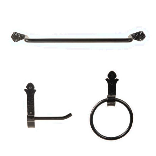 Artesano Iron Works Artesano Home Decor Wall Mounted Iron Bath Hardware (Set of 3 Pieces) - Includes: 1 Towel Bar - 1 Towel Ring - 1 Toilet Paper Holder - Color: Black (Hand Hammered)