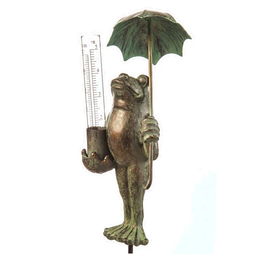 Evergreen Garden Metal Frog Statue with Umbrella Glass Rain Gauge Weather Station | Green | Garden Decor Outdoor | 18 Inches Tall | 5