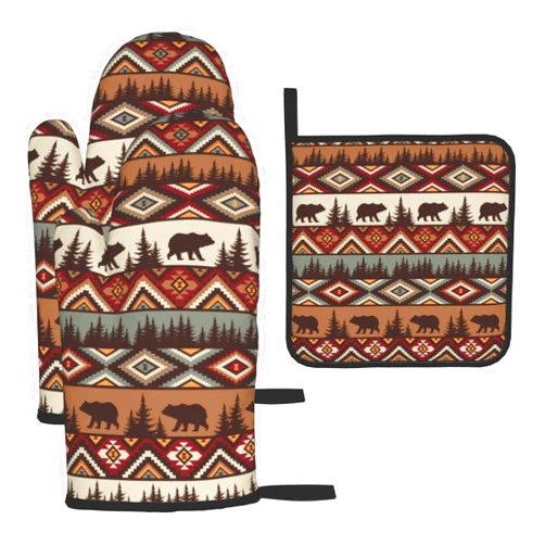 LANAIQO Vintage Rustic Oven Mitts and Pot Holders Sets of 3 Heat Resistant Hot Pads Bear Mountain Oven Gloves for Kitchen Cooking BBQ Baking