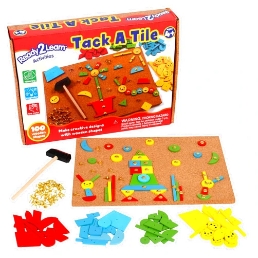 READY 2 LEARN Tack A Tile - Wooden Hammer Toy for Kids Aged 4 and up - 100 Shapes - Big Corkboard - Kid-Friendly Tacks - Foster Imagination, Fine Motor Skills and Reasoning