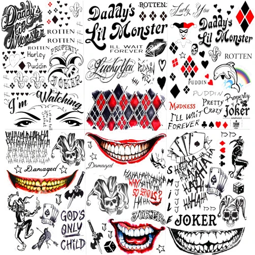 Goromon 6 Sheets 3D Joker Tattoos Stickers, Halloween Damaged Joker Temporary Tattoos For Women Men Adults Hand Face, Halloween Makeup Kit Costume Party Rave Accessories Clown Prison Rapper Prisoner F