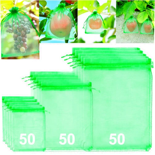 Fairooth 150 Pcs Fruit Protection Bags 3 Sizes Fruit Netting Bags for Fruit Trees Fruit Cover Mesh Bag Garden Netting Bags with Drawstring Netting Barrier Bags for Fruit Vegetable Plant Flower