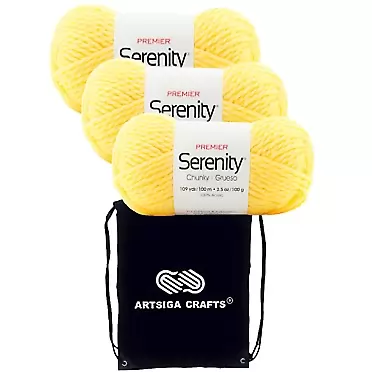 Premier Yarns Serenity Chunky - Solid Buttercup 700-74 (3-Skein) Same Dyelot Chunky Bulky #5 Soft Knitting Yarn 100% Acrylic Bundle with 1 Artsiga Craft Bag