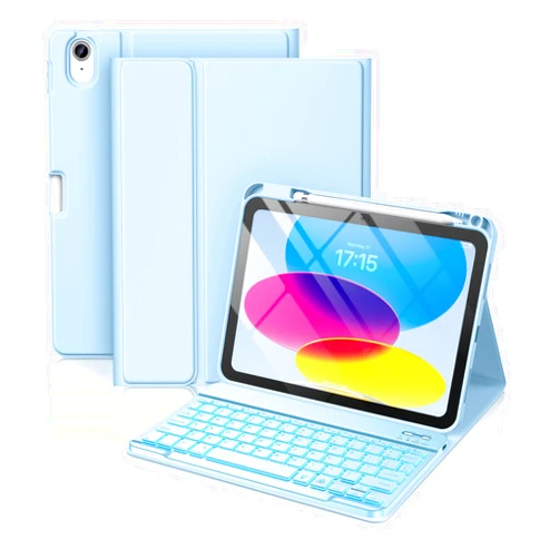 Hamile for iPad 10th Generation Case with Keyboard 10.9 Inch - 7 Colors Backlit Wireless Detachable Folio Keyboard Cover with Pencil Holder for New iPad 10th Gen 2022 (Sky Blue)