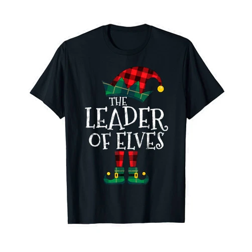 The Xmas Elf Family Pajama Buffalo Plaid Apparel The Leader of Elves Elf Matching Family Group Gift Christmas T-Shirt