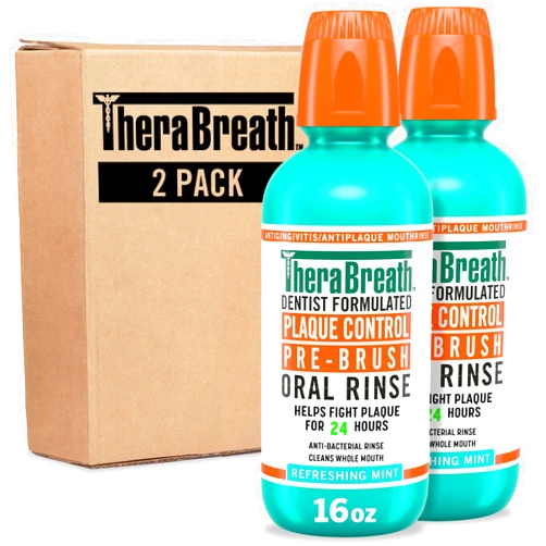 TheraBreath Plaque Control Pre-Brush Oral Rinse, Refreshing Mint Flavor, Antigingivitis and Antiplaque Rinse, Dentist Formulated, Alcohol Free, 16 Fl Oz (Pack of 2)
